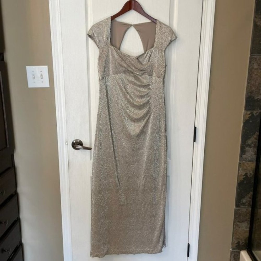 Lauren | Ralph Lauren Evening Gold Metallic Maxi Dress Gown Slit Stretch 10 Long - Picture 1 of 10